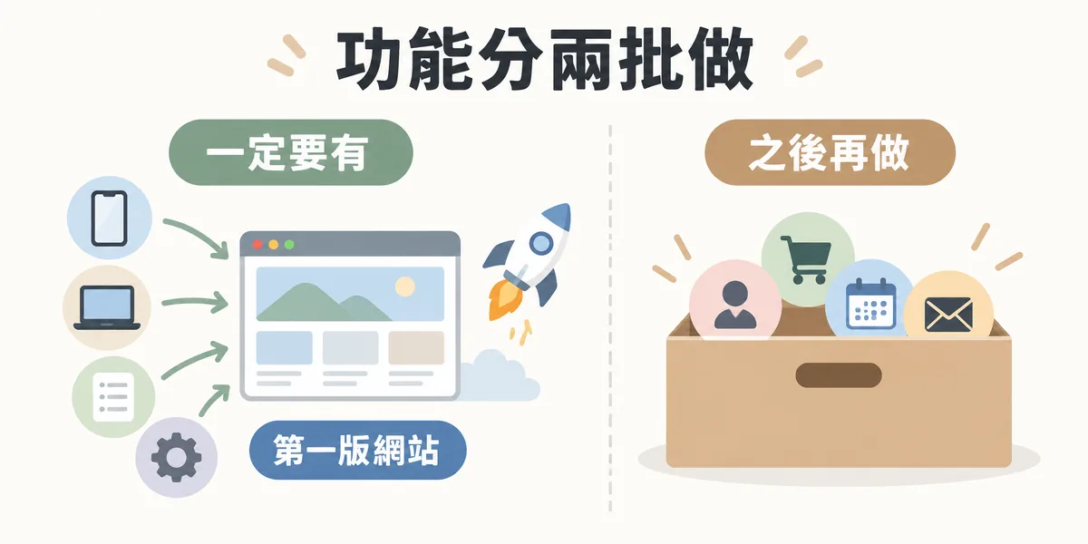 網站功能優先順序示意：把功能分成一定要有與之後再做兩批，核心功能先放進第一版網站順利上線，會員、購物車、預約等延伸功能等營運需求確認後再加入。