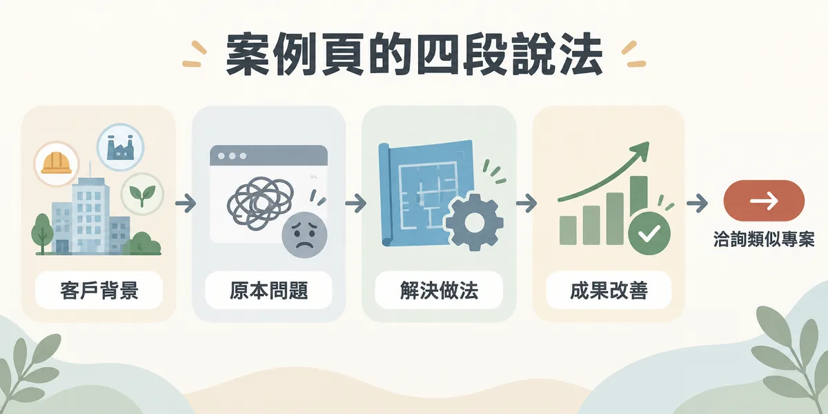 案例頁內容順序示意：依序說明客戶背景、原本遇到的問題、做了哪些規劃與設計、帶來什麼成果，最後引導到洽詢類似專案，讓使用者看完案例就知道下一步。