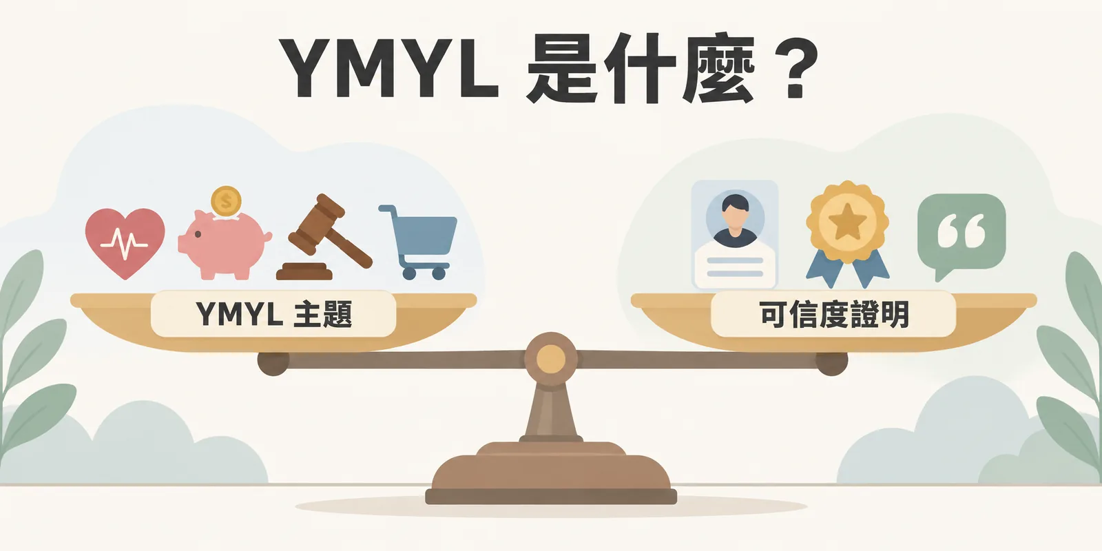 YMYL 示意：天平一端是健康、財務、法律與購物等攸關讀者生活與財產的主題，另一端是作者身分、專業資歷與引用來源，說明這類內容需要更充分的可信度證明。