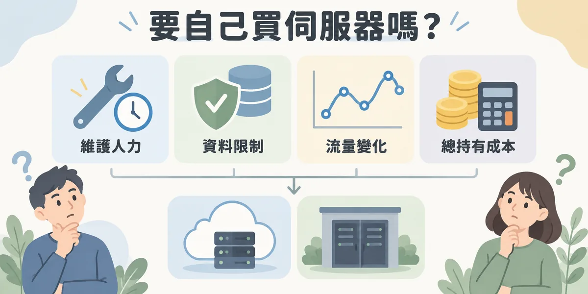企業是否自己買伺服器的四個判斷問題：有沒有人能 24 小時維護、資料能否放在別人的機房、流量平穩還是暴衝，以及含機房與人力的總持有成本。