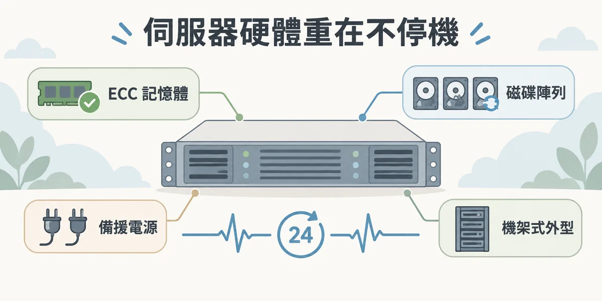 伺服器硬體特點示意：機架式伺服器搭配可糾錯的 ECC 記憶體、互相備援的磁碟陣列與雙備援電源，任何零件故障服務都能持續運作，重點是不停機而非更快。