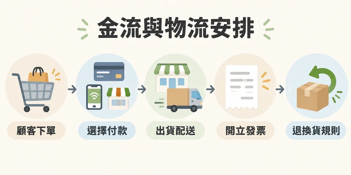 電商金流與物流安排示意:顧客下單後可用信用卡、行動支付或超商代碼付款,商品以超商取貨或宅配出貨,接著開立電子發票,並事先寫清楚退換貨規則。