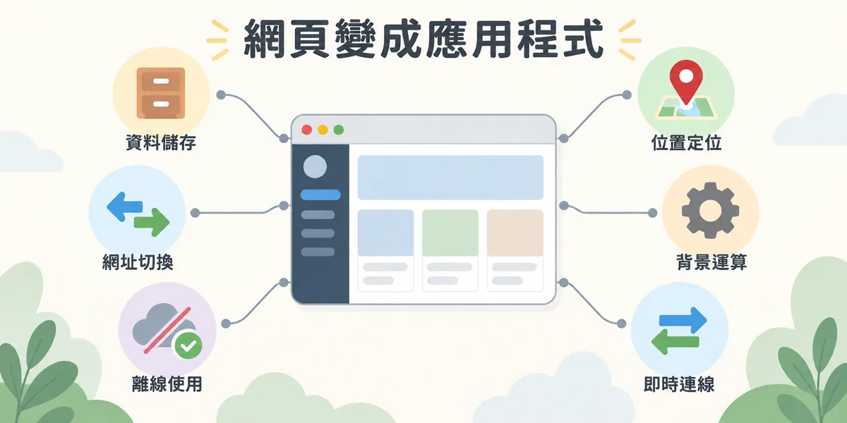 HTML5 瀏覽器 API 示意:Web Storage 儲存資料、Geolocation 定位、History API 切換網址、Web Workers 背景運算、WebSocket 即時連線與 Service Worker 離線使用,讓網頁具備應用程式能力。