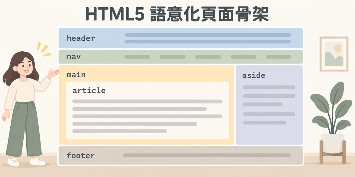 HTML5 語意化頁面骨架:上方 header 與 nav,中間 main 包著 article 主文,右側 aside 放補充內容,最下方 footer,讓搜尋引擎分辨主文與導覽。
