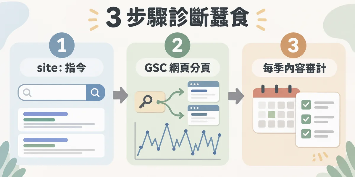 3 步驟診斷關鍵字蠶食的流程:先用 site: 搜尋指令找出標題相似的頁面,再到 Search Console 網頁分頁看同一查詢是否對應多個網址,最後每季做內容審計。