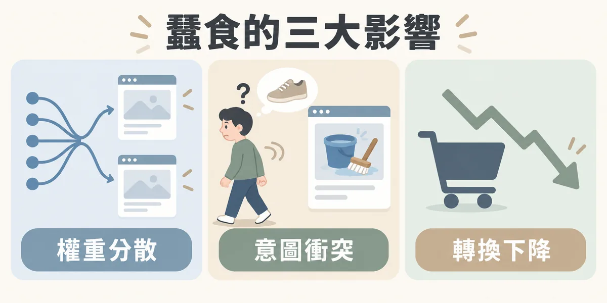 關鍵字蠶食的三大影響示意:反向連結被拆給兩個相似頁面造成權重分散、想買鞋的訪客被帶到清洗教學頁的意圖衝突,以及轉換數下滑。
