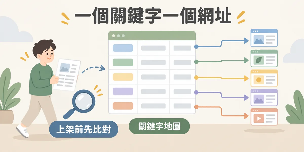 關鍵字地圖示意:試算表中的每個核心關鍵字只對應一個網址,寫新文章前先拿草稿到關鍵字地圖比對,避免同站頁面互搶排名。