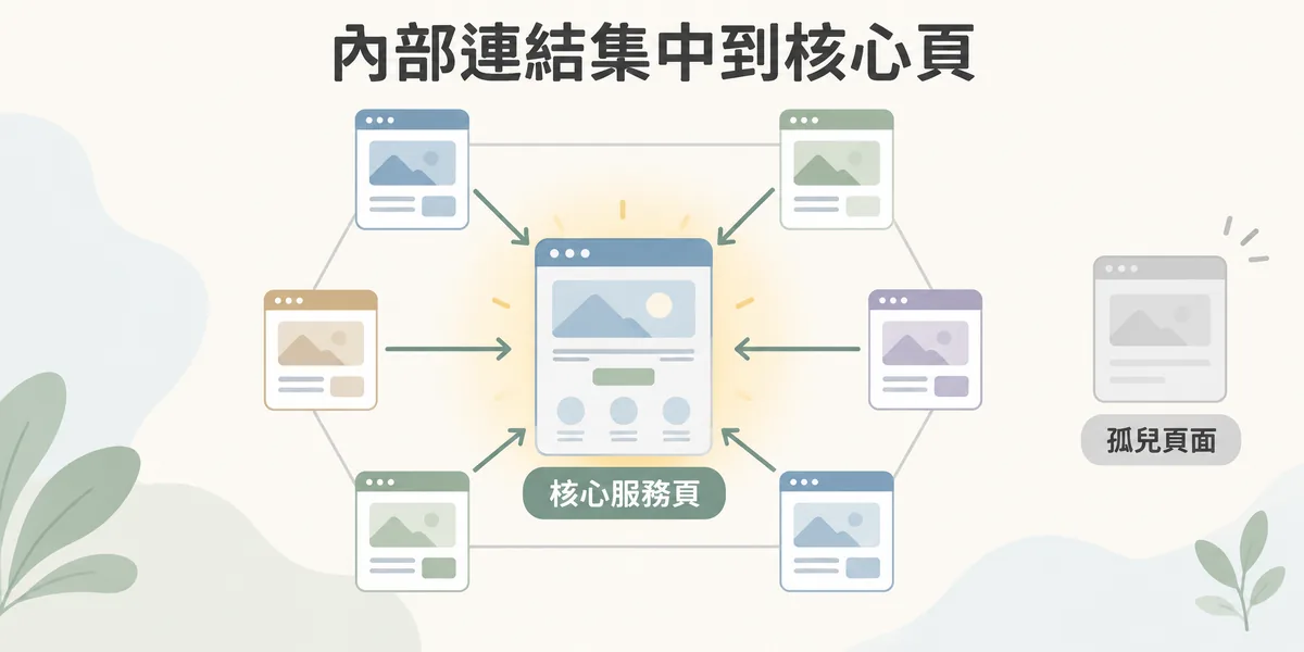 內部連結配置示意：多篇文章在內文自然連到同一個核心服務頁，文章之間也互相連結形成主題群集，角落沒有任何連結指向的孤兒頁面則很難被發現。