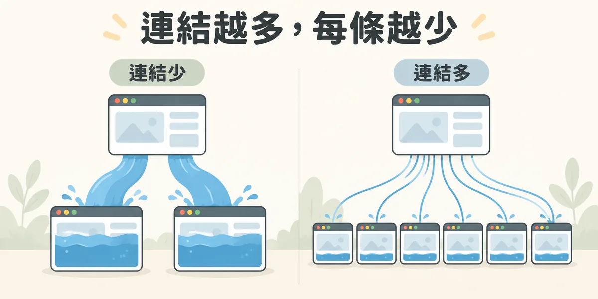 連結權重分流示意：同一個來源頁只放兩條連結時，每條傳出的權重像粗水流；放了很多條連結時，權重被拆成許多細流，每條分到的很少。
