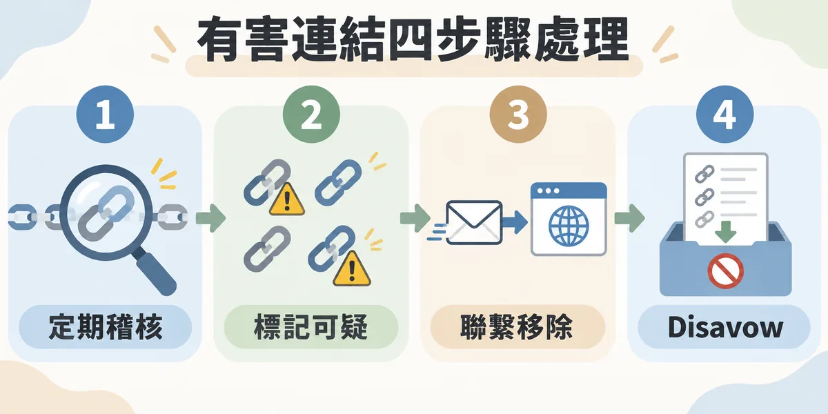 有害反向連結的四步驟處理流程：定期稽核反向連結、標記來源可疑的連結、先聯繫對方網站要求移除，移除不成再用 Disavow 工具提交拒絕清單。