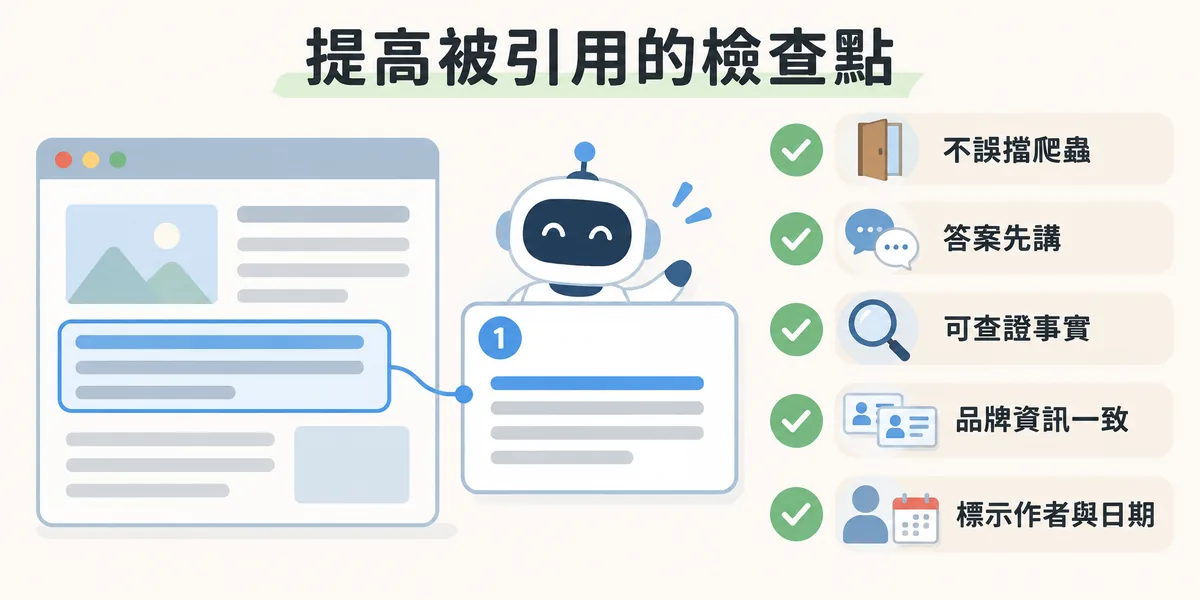提高被 Perplexity 引用機會的五個檢查點：確認沒有誤擋爬蟲、段落開頭先講答案、寫可以查證的事實、品牌資訊在各平台一致，以及標示作者與更新時間。