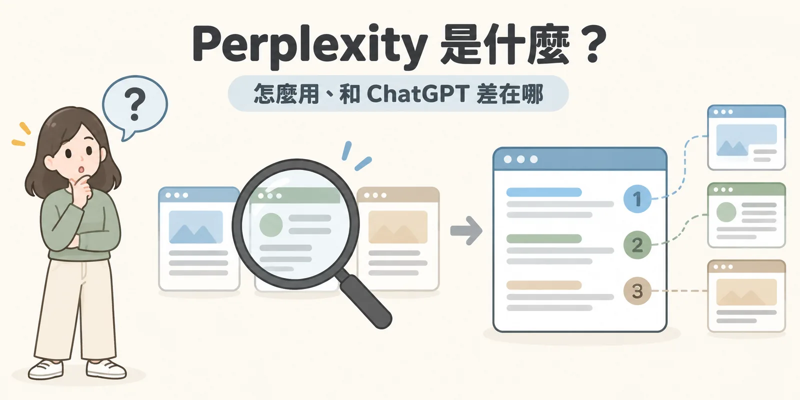 Perplexity 答案引擎示意：使用者提出問題後，系統即時搜尋並閱讀多個網頁，整理成一段答案，句尾用編號標出對應的來源網頁。