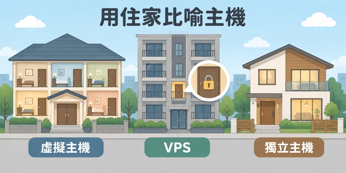 用住家比喻主機類型:共享的虛擬主機像分租雅房由房東統一管理,VPS 像公寓裡的一整戶有自己的門鎖,獨立主機則像整棟透天自己住。