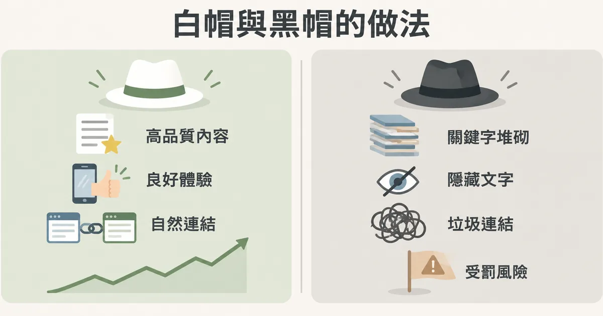 白帽與黑帽 SEO 做法對照：白帽靠高品質內容、良好使用體驗與自然連結讓排名穩定成長，黑帽用關鍵字堆砌、隱藏文字與垃圾連結操作，最後要承擔受罰風險。