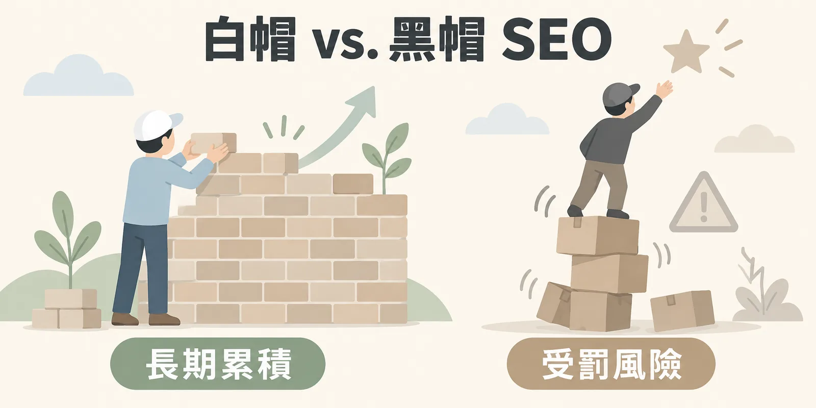 白帽與黑帽 SEO 對照示意：白帽像一塊塊疊起的磚牆，靠內容與體驗長期累積；黑帽像站在搖晃的紙箱上搆高處，看似快速卻隨時可能受罰而前功盡棄。
