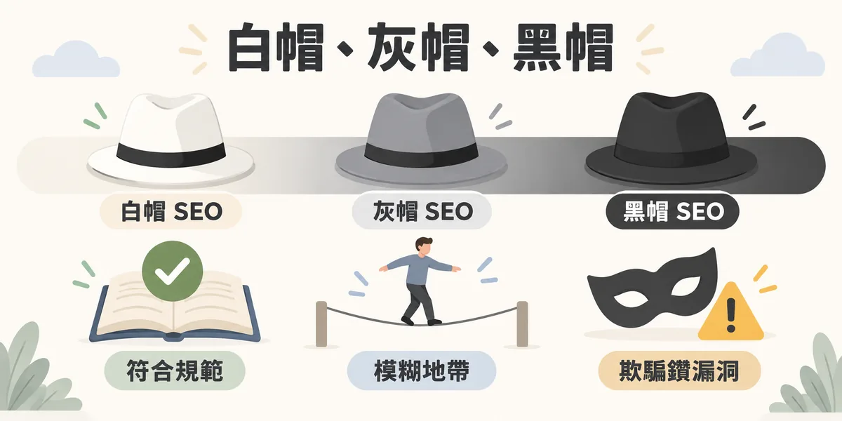 SEO 手法三種分類示意:左邊白帽 SEO 符合搜尋引擎規範,中間灰帽 SEO 像走鋼絲般處在模糊地帶,右邊黑帽 SEO 用欺騙與鑽漏洞的方式衝排名。