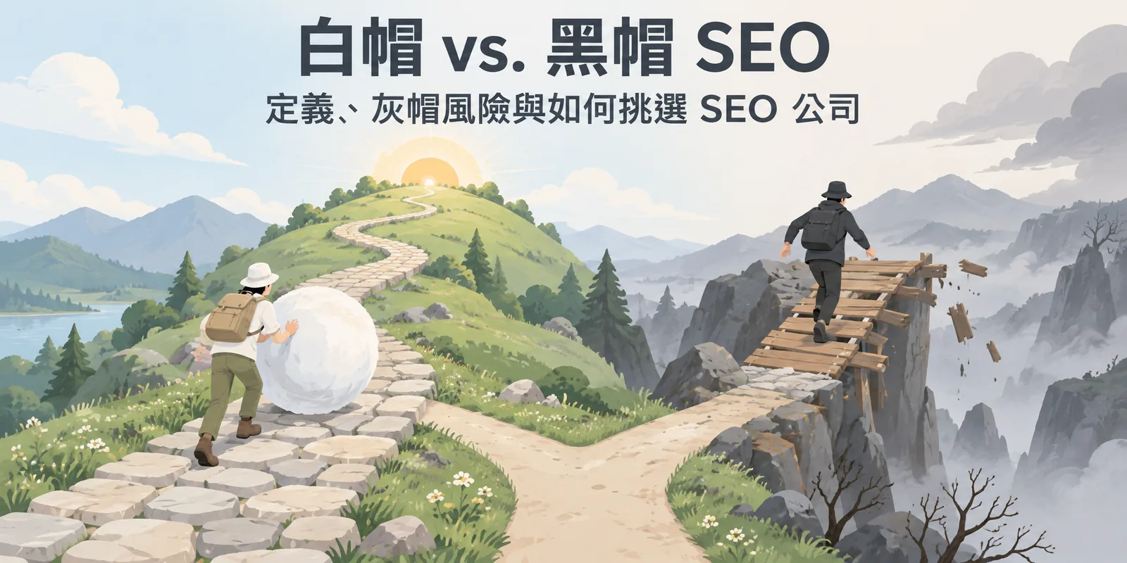 白帽與黑帽 SEO 示意：戴白帽的人沿著緩坡穩穩往上走、雪球越滾越大，代表長期累積；戴黑帽的人走短陡捷徑，前方棧板斷裂通往懸崖，代表被懲罰的風險。