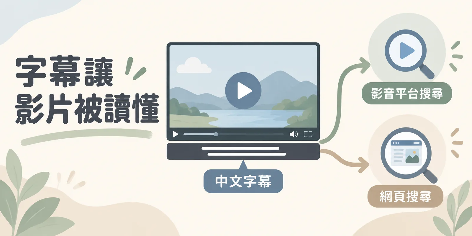 中文字幕的 SEO 作用示意：影片播放器下方的中文字幕同時連到影音平台搜尋與網頁搜尋，表示正確字幕能讓兩個搜尋系統都看懂影片內容，提高被媒合的機會。