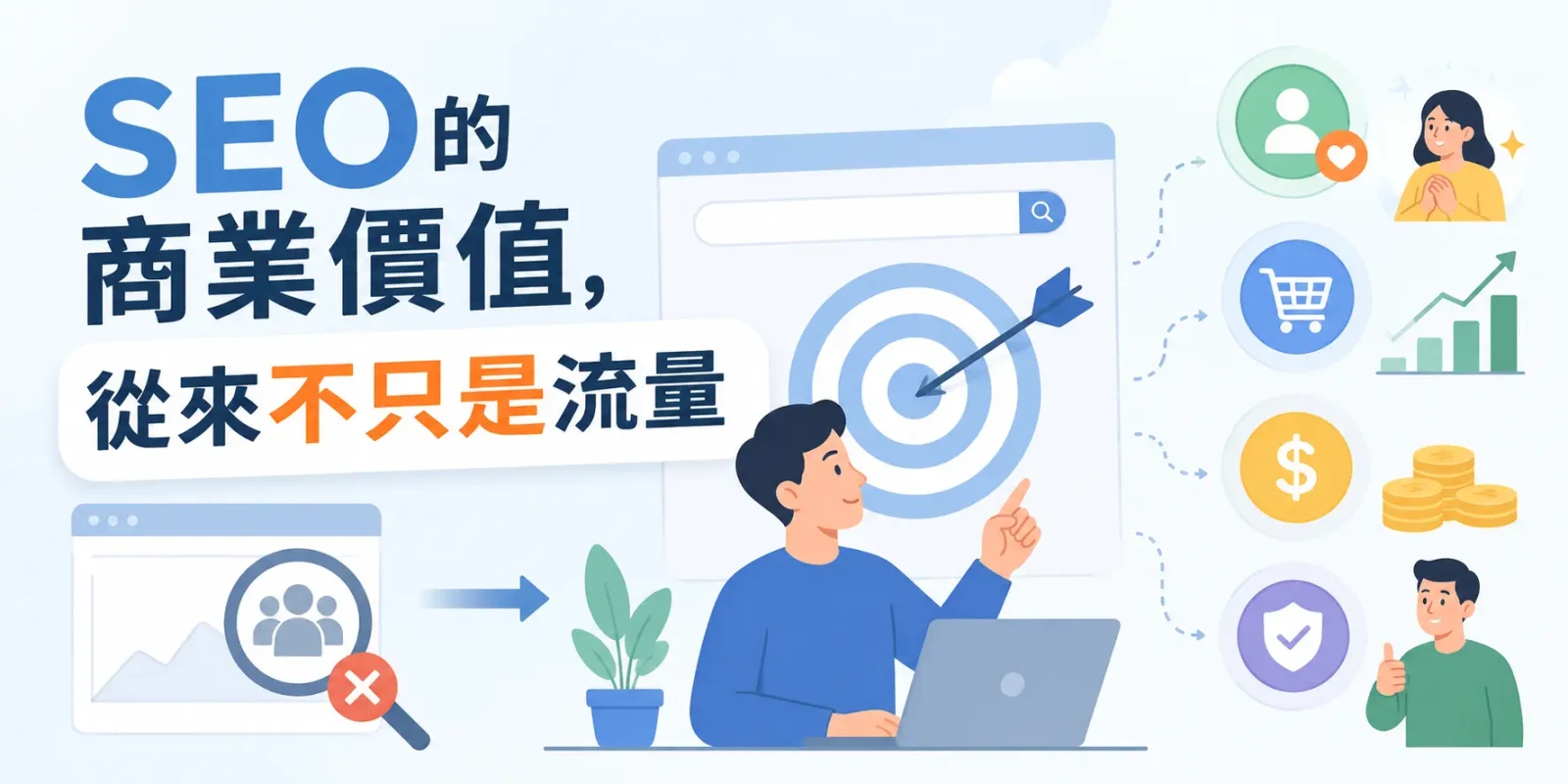 SEO的商業價值不只流量，還包含精準客戶、轉換率、營收成長與品牌信任的扁平化封面插圖。