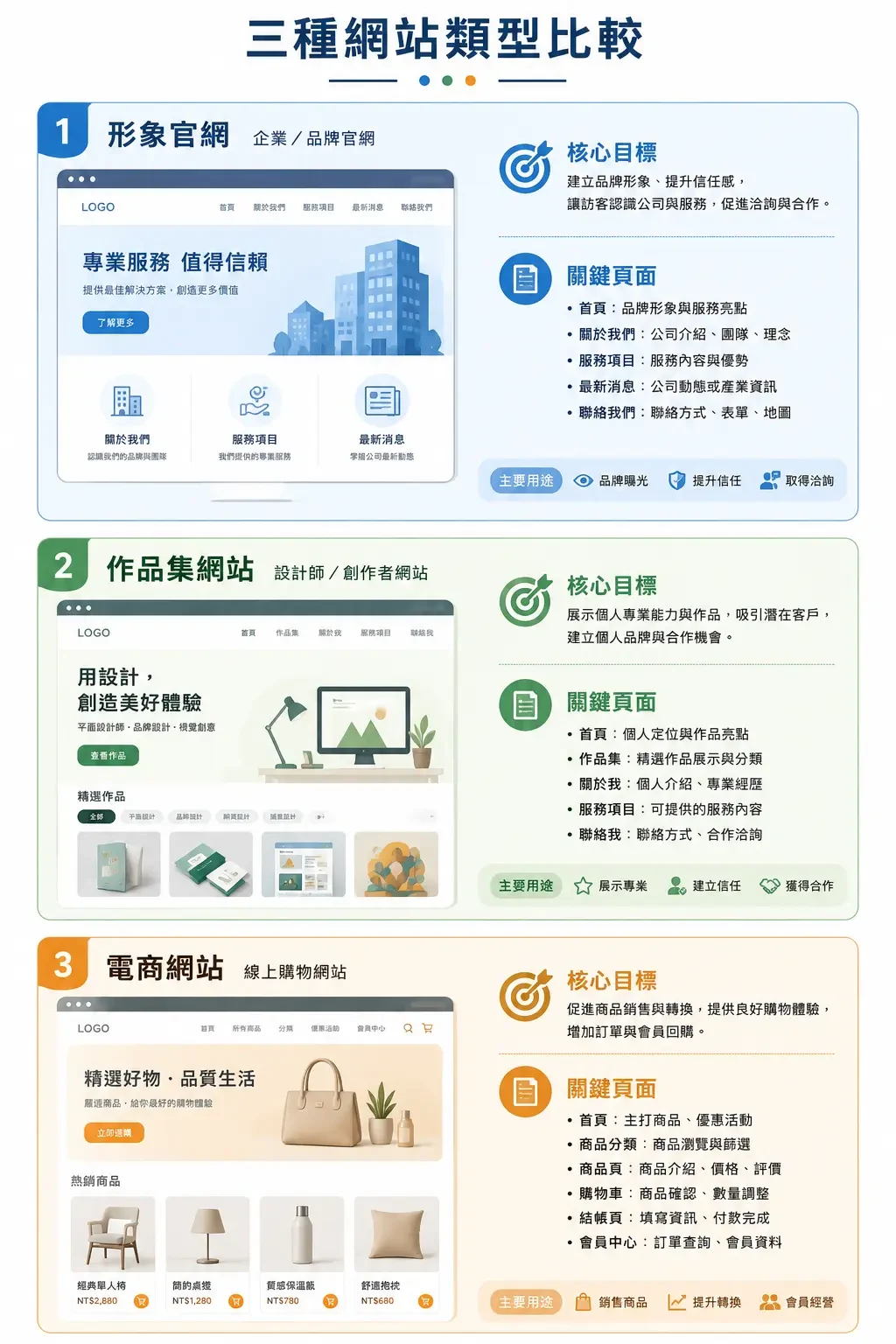 三種網站類型垂直比較示意圖,依序介紹形象官網、作品集網站與電商網站的核心目標、關鍵頁面與主要用途。