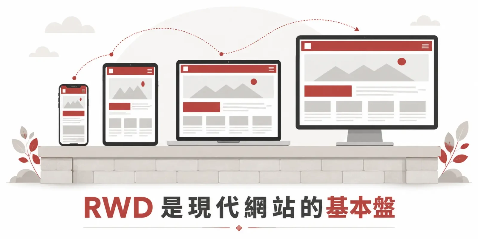 RWD 響應式網頁設計示意圖,網站內容可自動適應手機、平板、筆電與桌上型螢幕尺寸。