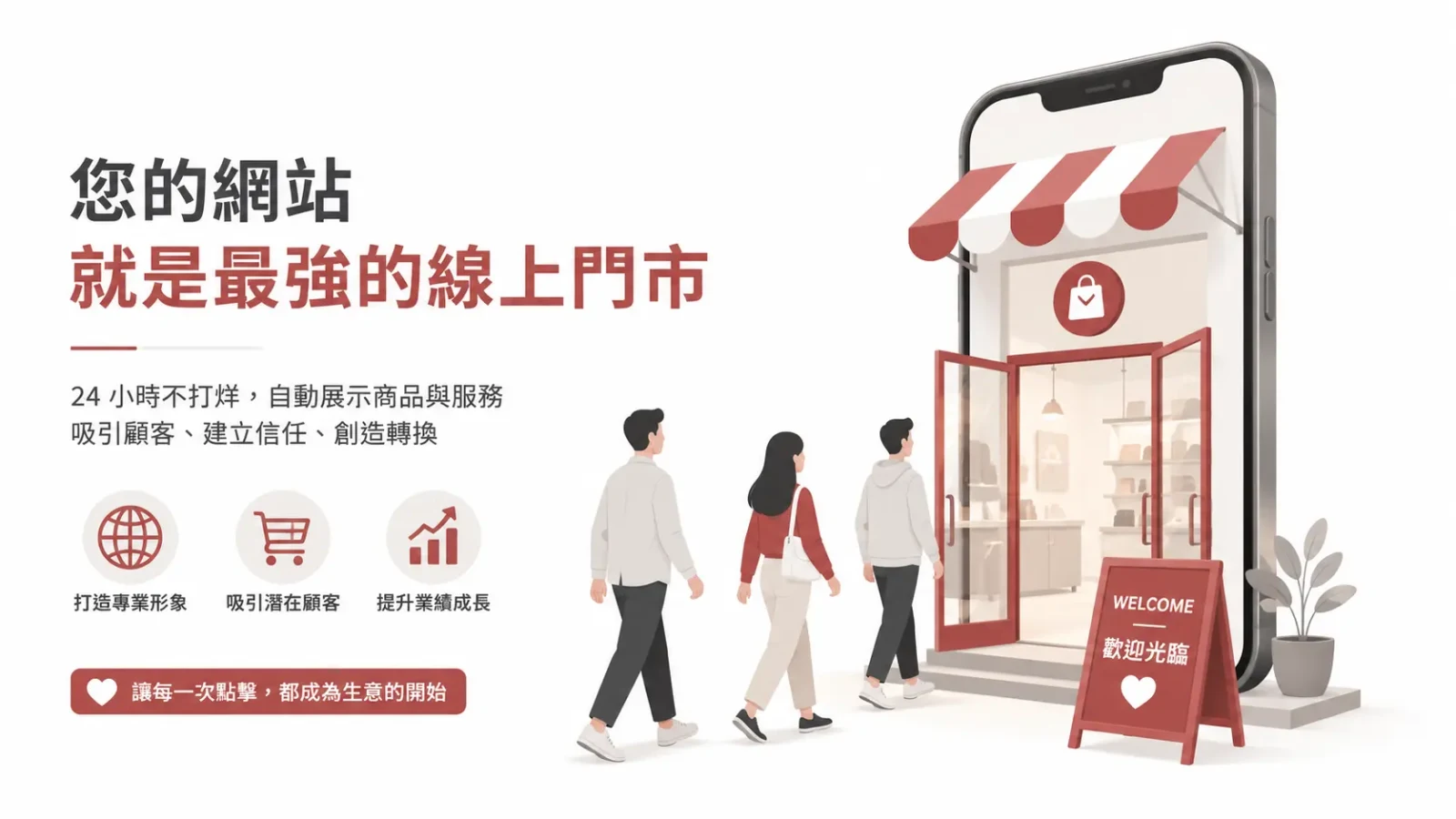 智慧型手機化身線上商店入口,顧客走向店門,呈現網站全天候展示商品、吸引客戶並提升轉換的概念。