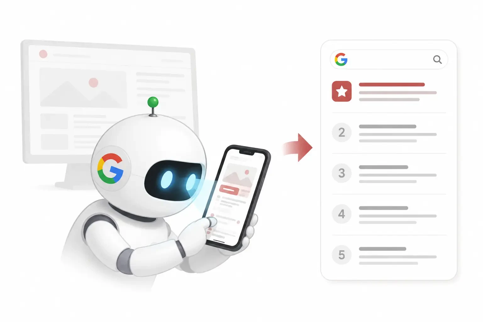 一個 Google 風格的搜尋機器人正專注查看手機螢幕,手機畫面透過箭頭連到右側的搜尋排名列表;後方桌上型電腦螢幕以半透明淡化呈現,象徵搜尋機器人優先讀取手機版內容、忽略桌機版。