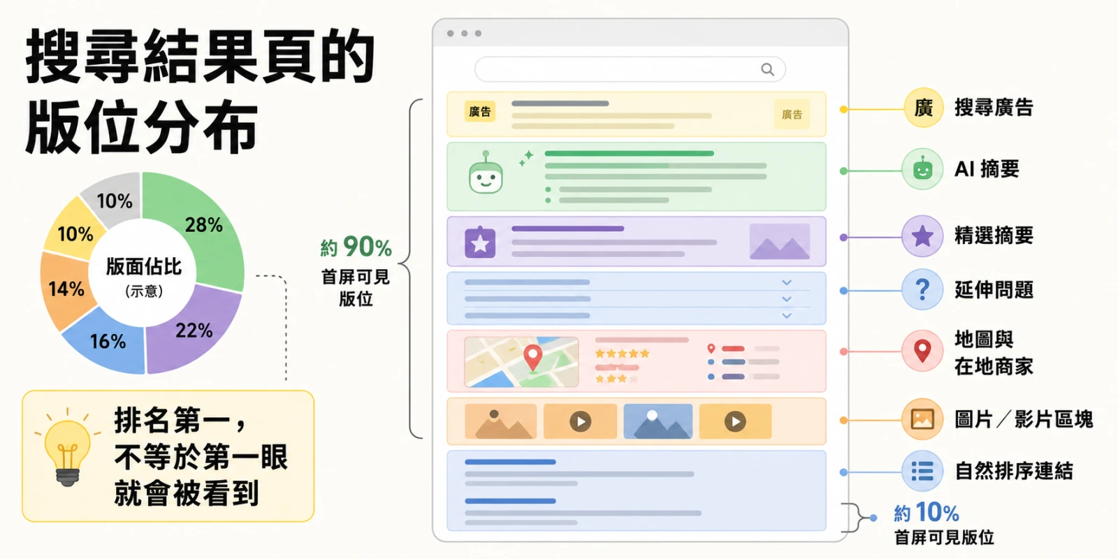 搜尋結果頁版位分布資訊圖，呈現搜尋廣告、AI 摘要、精選摘要、延伸問題、地圖商家與自然排序連結的畫面占比。