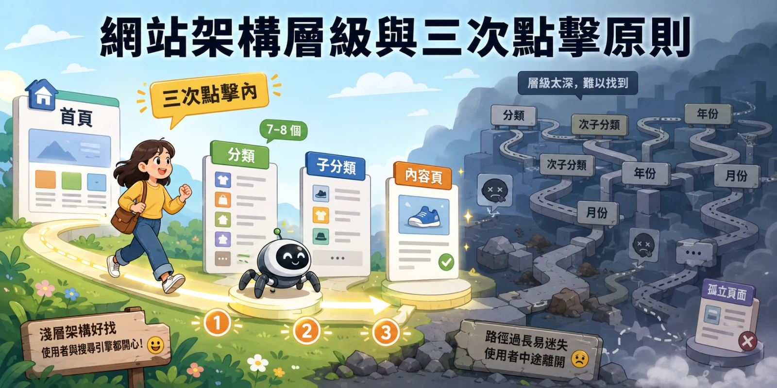 網站架構層級與三次點擊原則示意圖：對比淺層架構（首頁到內容頁 3 步內）與過深孤立頁面的搜尋引擎優化差異