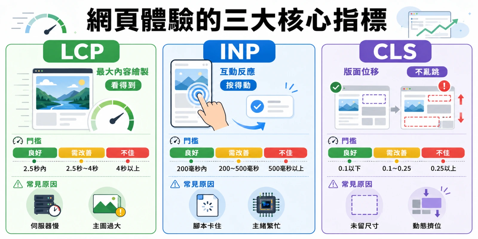 網頁體驗的三大核心指標 LCP、INP 與 CLS 資訊圖，說明主要內容載入速度、互動回應時間、版面位移門檻及常見影響原因。