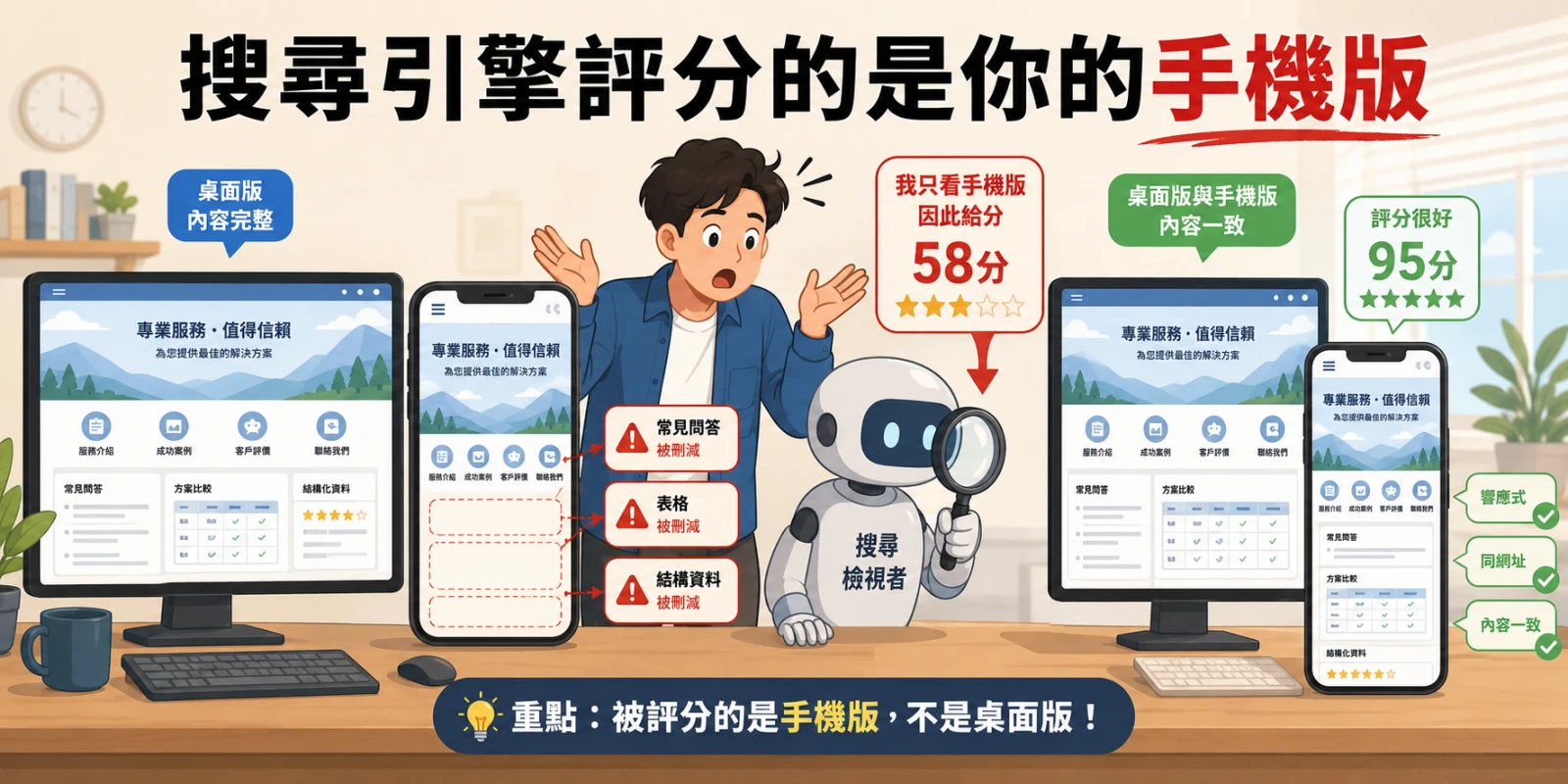 搜尋引擎以手機版內容作為索引與排名依據，網站應採響應式設計，確保桌面版與手機版的常見問答、表格及結構化資料完整一致。