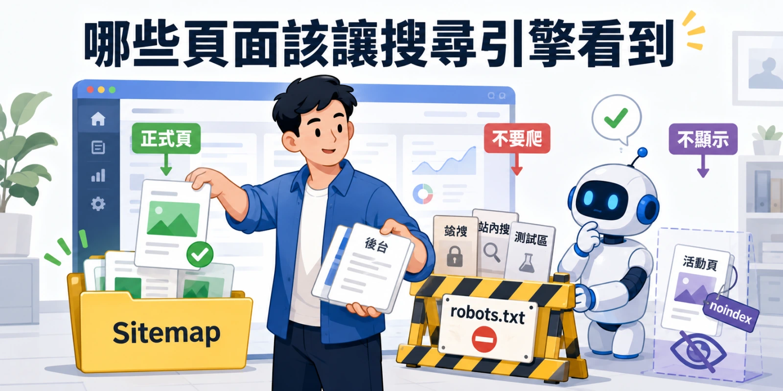 網站管理者分類正式頁、後台與活動頁，運用 Sitemap、robots.txt 和 noindex 控制搜尋可見性。