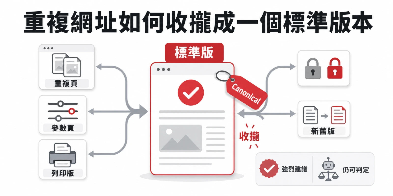 重複網址透過 Canonical 標籤收攏至標準版本，集中頁面訊號並避免檢索資源浪費。