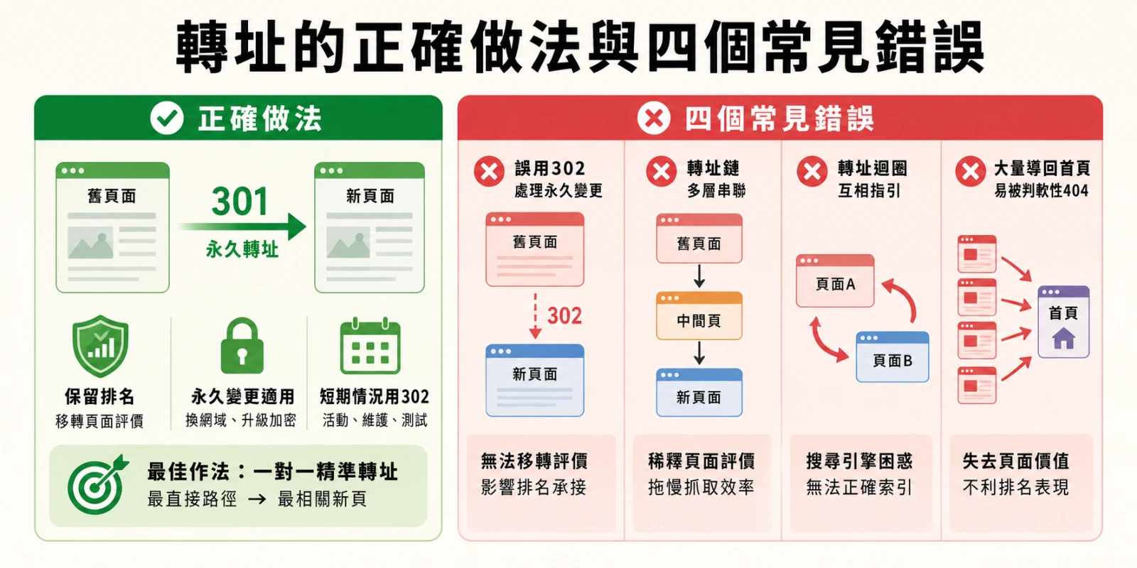 轉址的正確做法與四個常見錯誤資訊圖，說明 301 永久轉址、302 暫時轉址、轉址鏈、轉址迴圈與大量導回首頁的 SEO 影響。