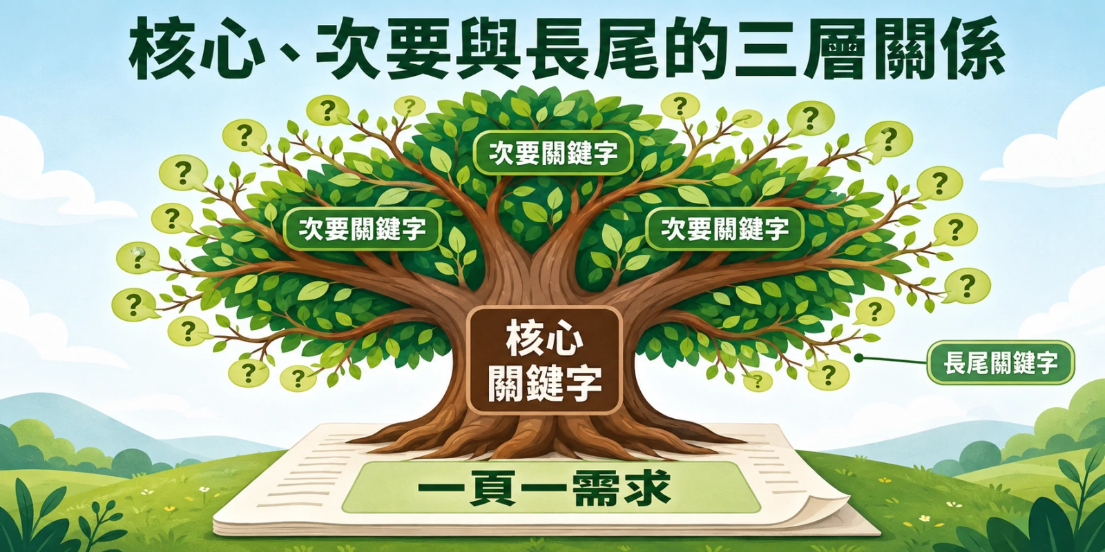 核心、次要與長尾關鍵字三層關係示意圖，以大樹呈現核心關鍵字為主幹、次要關鍵字為枝幹，長尾關鍵字延伸至具體搜尋需求。