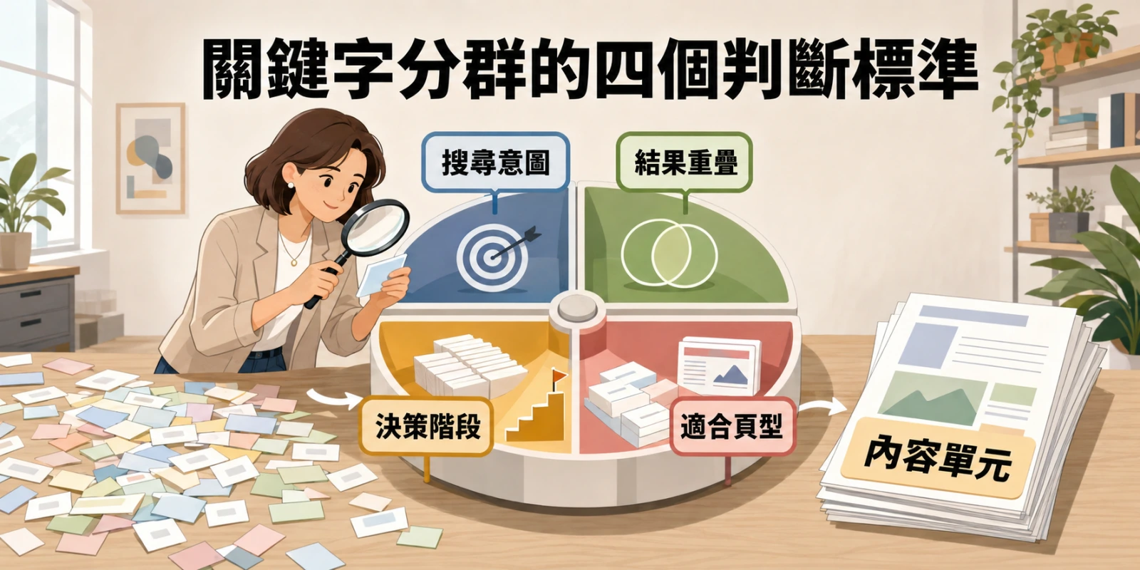 關鍵字分群的四個判斷標準示意圖，依搜尋意圖、搜尋結果重疊、決策階段與適合頁型，將零散關鍵字整理成可執行的內容單元。