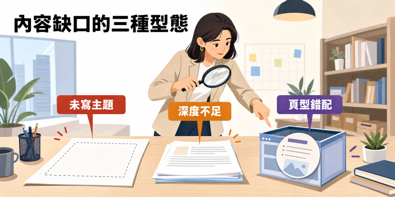 內容缺口的三種型態示意圖，內容策略師檢視未寫主題、內容深度不足與頁型錯配三類網站內容問題。
