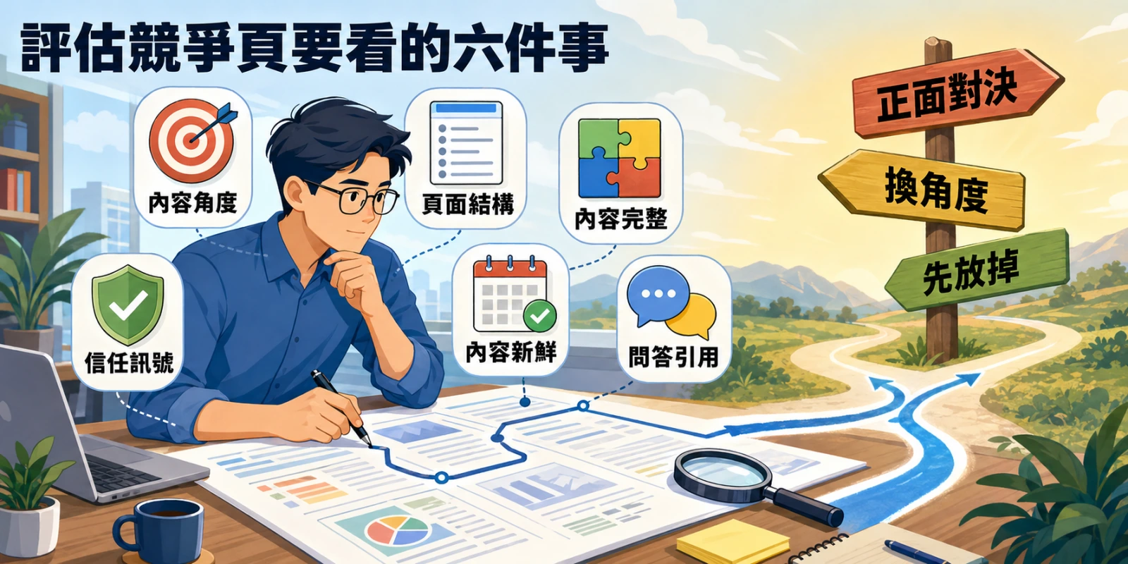 競爭頁分析示意圖，從內容角度、頁面結構、內容完整、信任訊號、內容新鮮與問答引用六個面向評估，最後決定正面對決、換角度切入或先放棄。