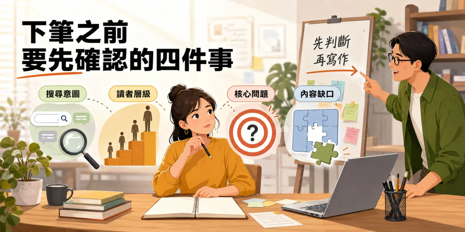 內容編輯者在動筆前分析搜尋意圖、目標讀者、核心問題與競爭內容不足。