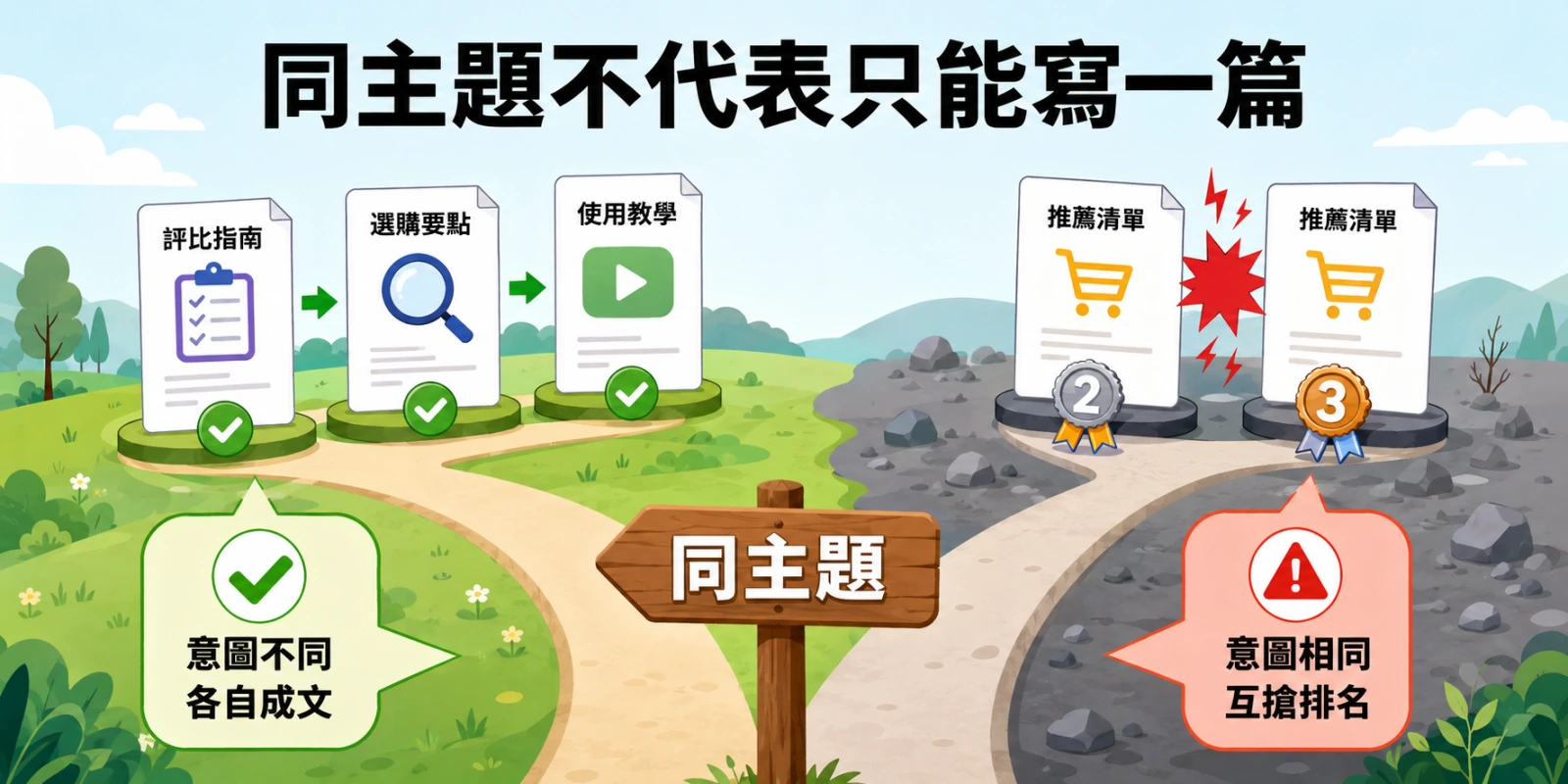 同主題文章依搜尋意圖拆分成評比指南、選購要點與使用教學，避免內容重複造成關鍵字互搶排名。
