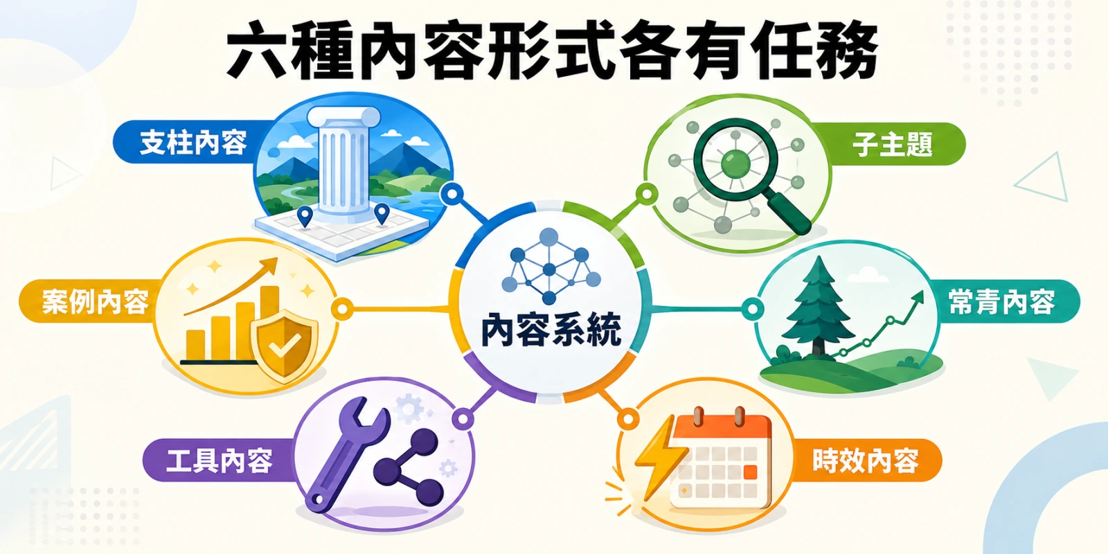 六種內容形式各有任務示意圖，呈現支柱內容、子主題、常青內容、時效內容、工具內容與案例內容共同組成完整內容系統。