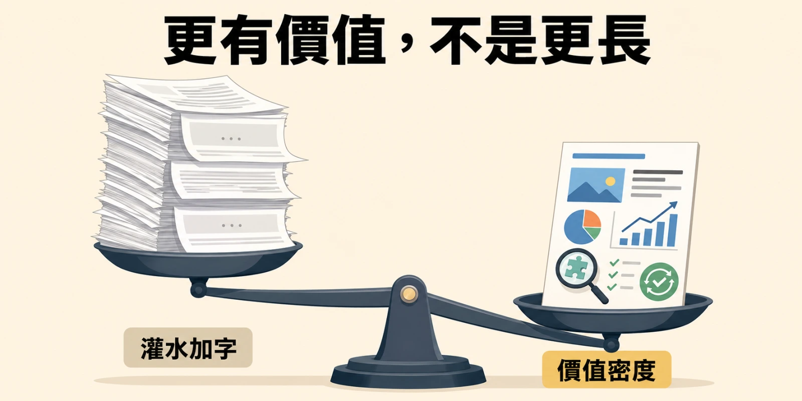 內容價值密度與文章字數對比，天平顯示灌水加字的厚重文章不如具備數據、清楚觀點與完整資訊的高價值內容。