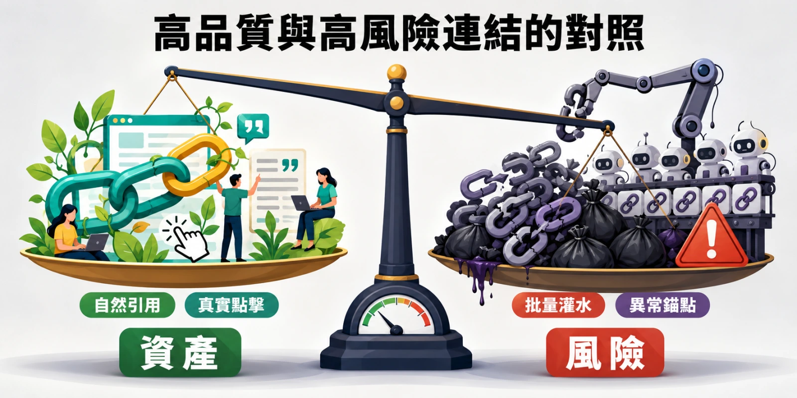 高品質與高風險連結對照圖，以天秤呈現自然引用、真實點擊的優質連結資產，以及批量灌水、異常錨點的垃圾連結風險。