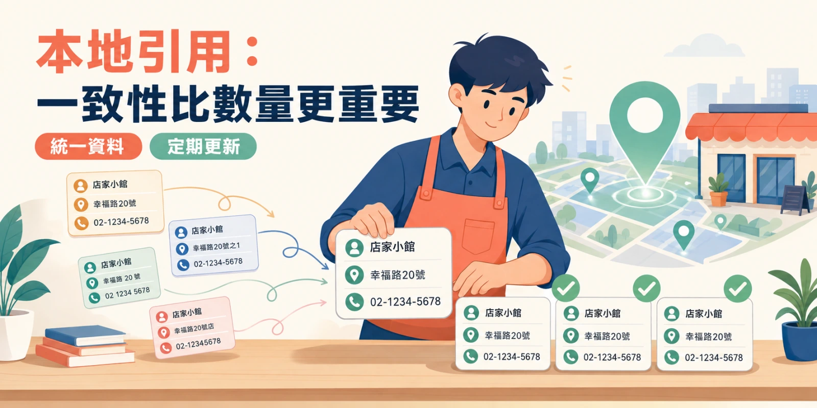 本地引用一致性示意圖，店家統一名稱、地址與電話資料並同步至多個平台，提升在地搜尋與地圖排名信任度。