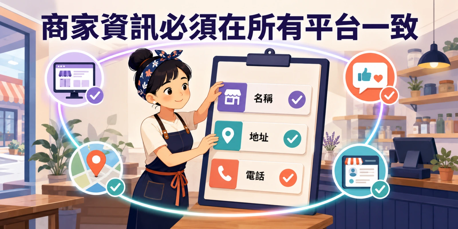 商家資訊一致性示意圖，店主同步官網、地圖、社群平台與商業名錄上的名稱、地址及電話，集中在地搜尋信任訊號。