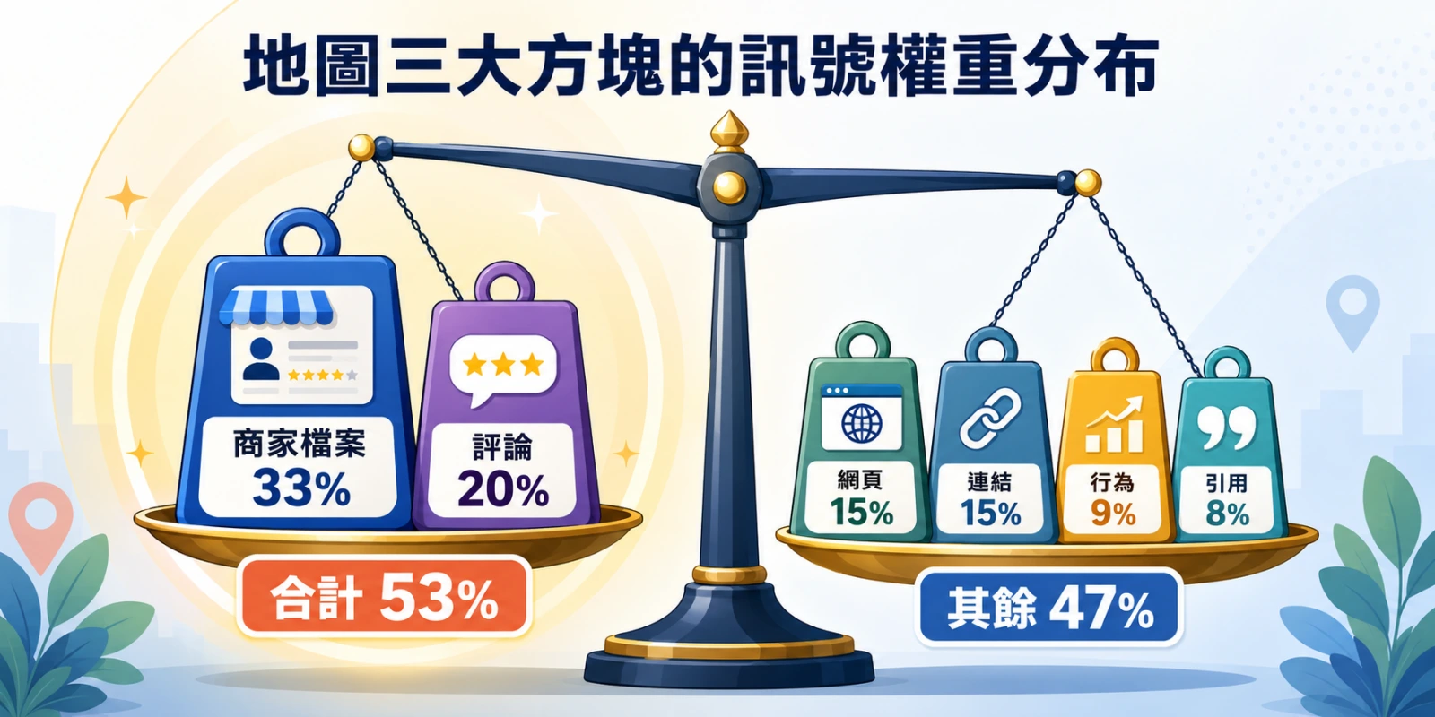 Google 地圖三大方塊排名訊號權重分布，商家檔案與評論合計約占 53%，應優先投入優化資源。