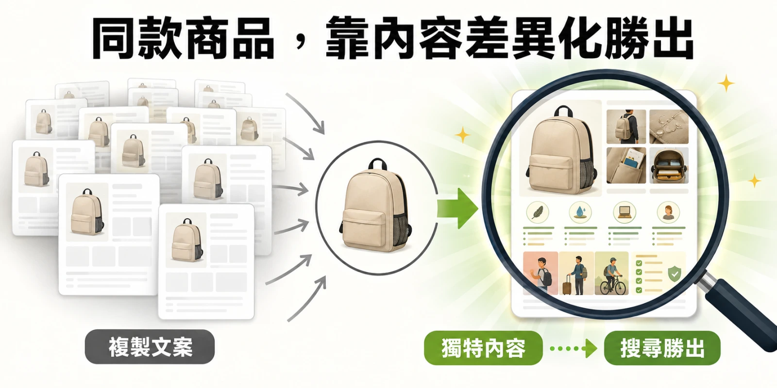 同款背包商品頁從複製文案轉為獨特內容，透過特色、材質與使用情境說明提升搜尋能見度。