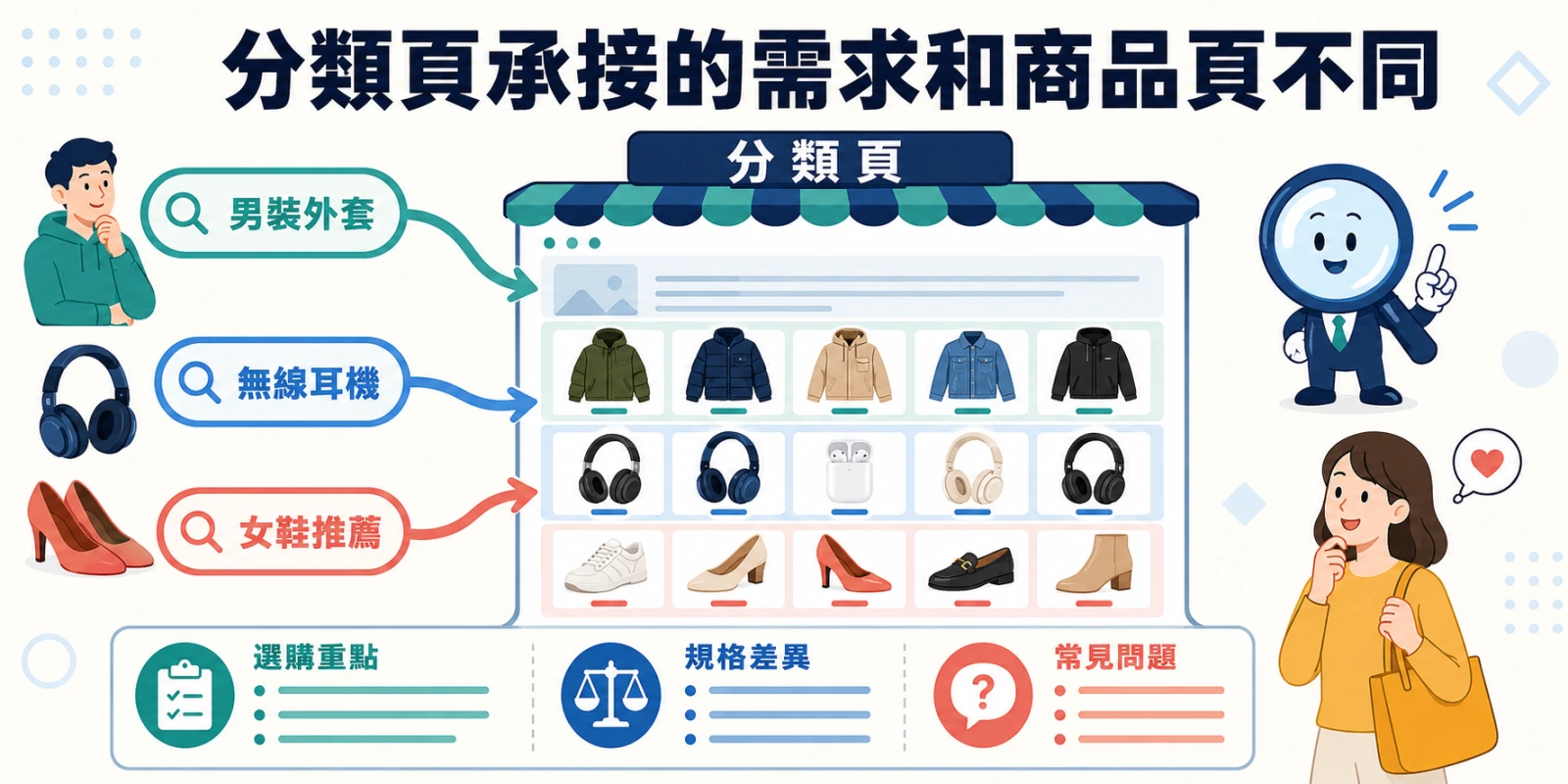 電商分類頁與商品頁需求差異示意圖：展示男裝外套、無線耳機、女鞋推薦等分類頁佈局，包含選購重點、規格差異與常見問題。