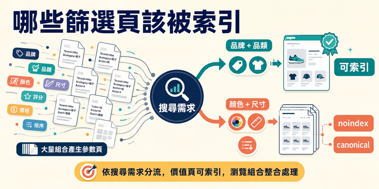 哪些篩選頁該被索引示意圖：依實際搜尋需求分流，品牌與品類組合可建立索引頁，顏色、尺寸及排序等低價值參數頁則使用 noindex 或 canonical 收攏。