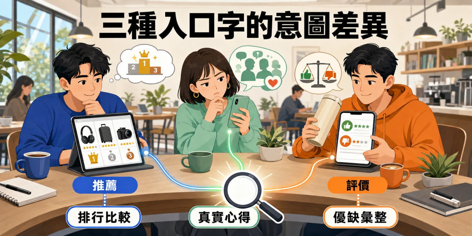 三種入口字的搜尋意圖差異：推薦著重排行比較，PTT、Dcard 尋找真實心得，評價則關注產品優缺點。